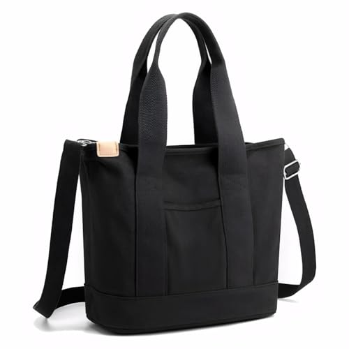 Shengxi Bolso lona mujer, Alta capacidad Bolso de lona con bolsillos y cremallera, Multifunción Bolso de mano moda y casual para Vida diaria Oficina Escuela Viajes y Compras, Negro