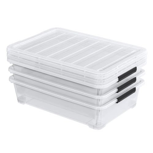 Image of 42 L 3 Packs Clear Plastic Under Bed Storage Container with Lid and Wheels, Underbed Stackable Boxes