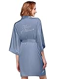 AW BRIDAL Satin Kimono Robe Wedding Party Getting Ready Robes with Silver Rhinestones Dressing Gown for Bride Bridesmaid, Dusty Blue S Maid of Honor