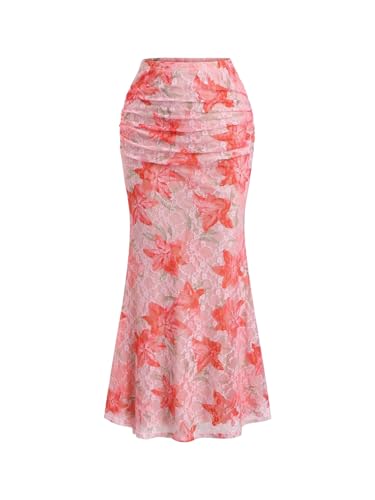 Women's Vintage Floral Ruched Fishtail Long Skirt High Waisted Bodycon Maxi Skirts