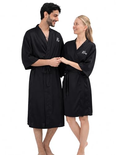 Image of Jecery 2 Pcs Satin His and Hers Robes Set Mr. Mrs. Silk Matching Robe for Couples Women Man Wedding Engagement Bridal Gift