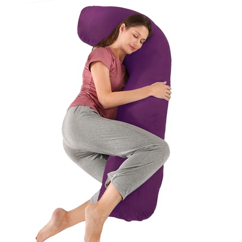 Almohada Embarazada Dormir, Sleep Confort Almohada, Forma de J Almohada de Lactancia Corporal, Almohada Apoyo y Cuerpo Completo para Eembarazo con Funda de Extraíble Lavables, 65 x 125 cm Púrpura