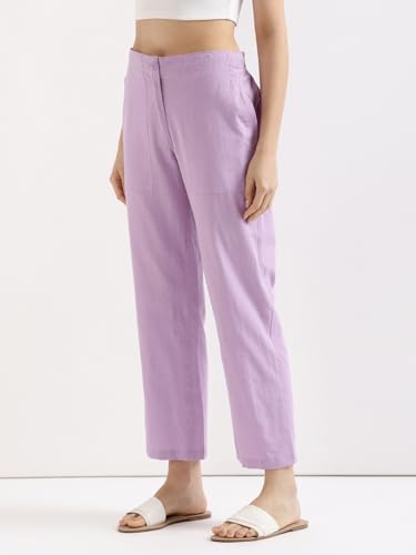Image of SAADAA Women's Airy Linen Straight Pants | Regular Fit Trousers | Half Elasticated with Drawstrings & Buttons | 4 Pockets | Everyday & Office Wear