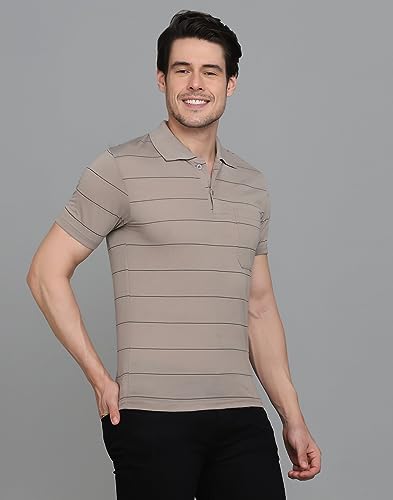 Image of INKKR Men's Striped Polo Neck Cotton Blend Multicolor T-Shirt