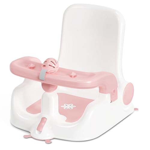 Obee Odee Baby Bath Seat with Sitting &amp; Lying 2 Modes, 3-Speed Adjustment, Powerful Suction Cups, Infant Bathtub Chair with Washable Pillow, Folding and Hanging(Light Pink), (BB1002)