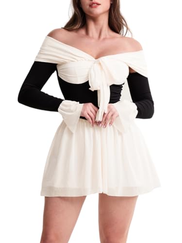 Kaei&Shi Date Night Dresses for Women, Cute Tulle Bell Flare, Homecoming Birthday Dinner, Sexy Off Shoulder Mini Long Sleeve