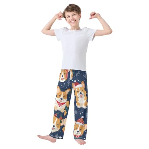Christmas Corgi Dog Snowflake Boys Long Pants Soft Trousers Elastic Waist Kids Lounge Bottoms with Pockets S-XL3