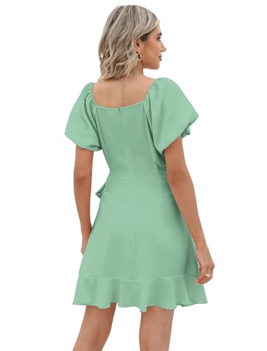 Image of Sampeel Womens Summer Dresses Square Neck Puff Sleeve Tie Waist Short Dress