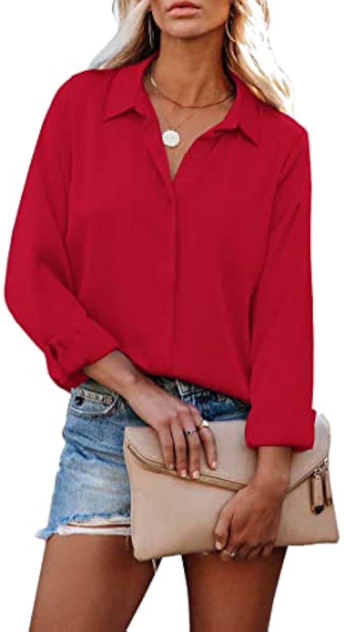 Hotouch Women Chiffon Button Down Shirts Long Sleeve Office Blouses Casual Business Work Tops Collared Shirt S-XXL