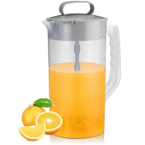 Image of Mixing Pitcher for Drinks, 2 Quart/ 64oz Plastic Water Pitcher with Lid, Angled Plastic Blades and Adjustable Mixer Plunger for Juice, Powdered Milk, Beverage Container (One)