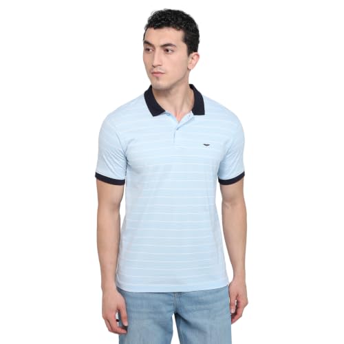 Image of Park Avenue Men Slim Fit Stripe Pattern Pure Cotton Polo Neck Half Sleeve Casual T-Shirt
