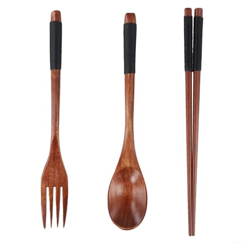 HEIBTENY Juego de cubiertos de madera, 3 piezas de cubiertos de madera natural con cuchara, tenedor, palillos, utensilios de comedor antiarañazos para sopa, fideos, sushi, rojo-marrón