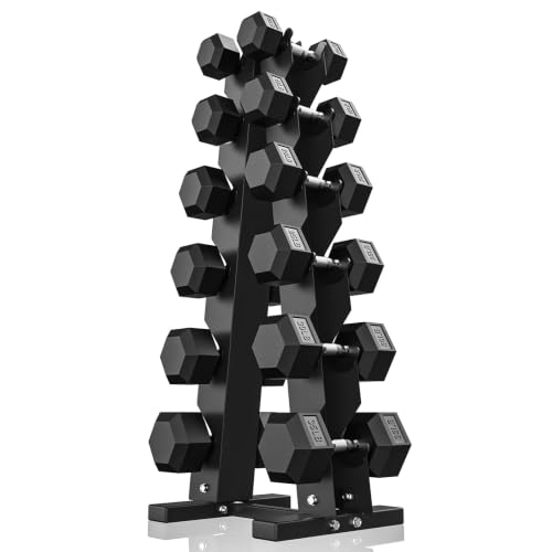 Image of PAPABABE 150-600lb Dumbbell Set with Rack, Rubber Encased Home Gym | Antiroll Durable Cast Iron Core Odorless PVC Free Weights, with 5 /6 Tier Rack