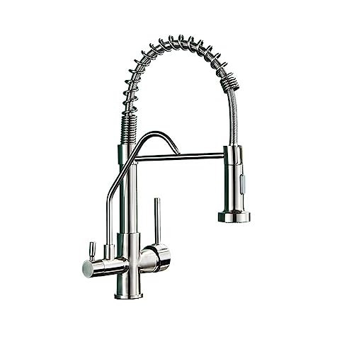 GLETSF 3 Way Kitchen Sink Mixer Tap With Builtin Water Filter Brushed Rose Gold Deck Mount Dual Handle Faucet 360Swivel Drinking Water Filtration System,Gun Gray-A,Chrome-A