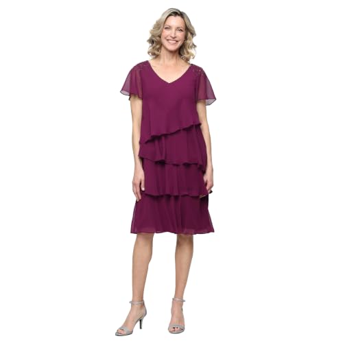 Image of S.L. Fashions Women's V-Neck Chiffon Cocktail Dress with Beaded Shoulders and Asymmetrical Tiers (Petite and Regular Sizes)