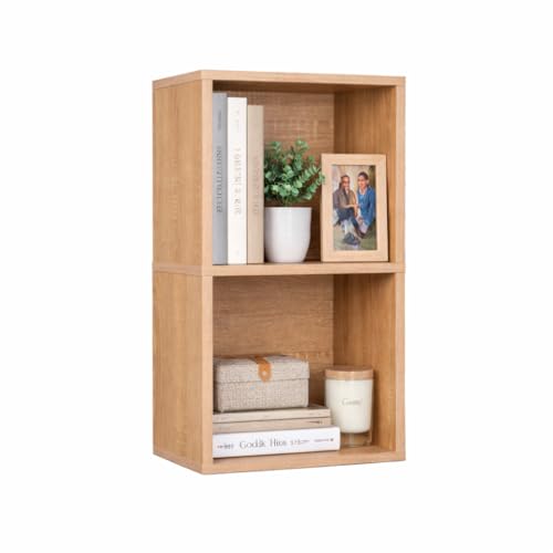 Image of 2 Cube Storage Organizer Wooden Bookshelf, 2 Cube Shelf Bookcase, Small Bookshelf Storage Organizer, 2 Cube Storage Shelf for Bedroom, Small Bookshelf for Living Room and Office (Oak)