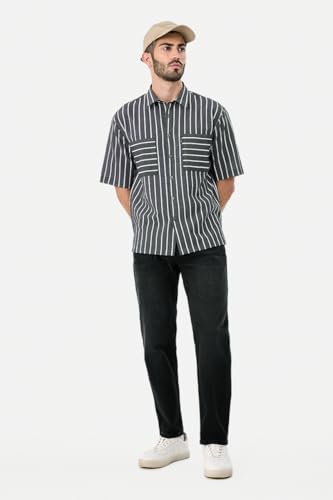 Image of SNITCH Men Casual Plus Size Shirt | Regular Fit Full Sleeve Mandarin Collar Striped Design | Premium Cotton Linen Blend & Breathable Fabric for Office & Everyday Wear