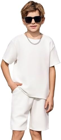 Arshiner Boys Drop Shoulder T-Shirt &amp; Drawstring Waist Shorts with Chain Necklace Summer Casual Outfits (5-12 Years)