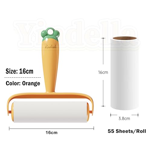 Image of Yindella Lint Remover with Carrot Handle, Protective Cover with Easy-Tear Roller for Clothes, Furniture & Carpet, Pet Fur, Dust, Dirt Removal | 55 Sheets /Roll | 16cm Wide (1 Orange Handle & 1 Roll)