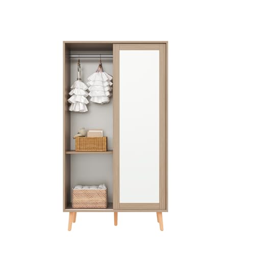 HAINEW Armario con 2 puertas correderas y barra para ropa, armario multiusos para dormitorio, habitación infantil, 80 × 46 × 141,5 cm, blanco + natural