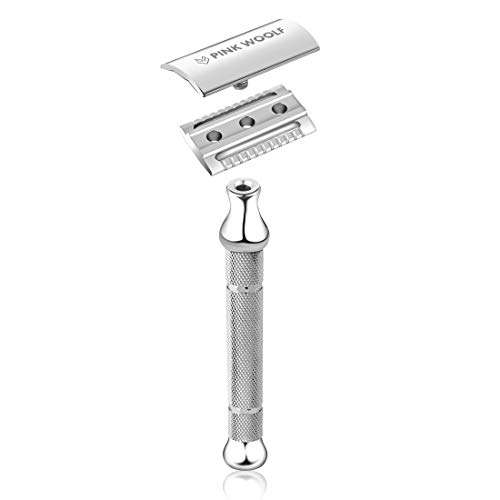 Image of Pink Woolf CC87 Safety Razor for Men | Double Edge Close Comb with 10 Blades | Chrome Metal Single Blade Shaver for Sensitive Skin & Daily Wet Shaving | Beginner Friendly Anti-Slip Handle