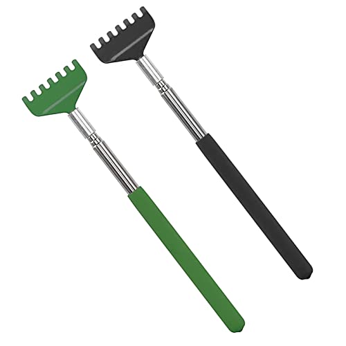 Momeski Lot de 2 gratte-dos contre les démangeaisons. Grattoir à main en acier inoxydable de haute qualité extensible de 20 à 68 cm avec poignée rembourrée et stable (noir et vert foncé) Cover