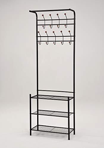 RAAMZO Black Metal Entryway Storage 3-Tier Shoe with Coat Hat Rack 18 Hooks