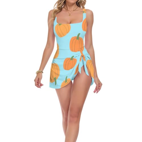 Maillot de bain push-up femme bleu natation motif citrouille une pièce