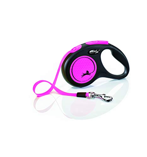 Image of FLEXI New Neon Tape Retractable Dog Leash for Small Dogs Upto 15kgs. - 16 ft., Pink | Tangle Free Pet Walking Leash with One-Handed Brake, Pause, Lock | German Quality Product