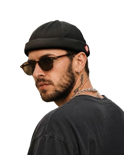 Clakllie Cotton Docker Cap Herren Verstellbare Cap Ohne Schirm Seemannsmütze Hafenmütze Brimless Hat Rolled Cuff Harbour Hat CT37-Black
