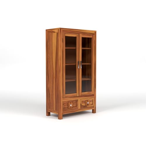 Image of Solid Sheesham Wood Book Cabinet with Acrylic Glass Doors | Rosewood Display Storage Unit with Shelves & Drawers for Home & Office (B-Honey Finish)