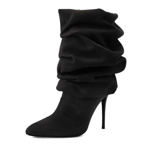 Pazzion Women Fashion Closed Almond Toe Stiletto High Heel Mid Calf Boots Slouchy Wrinkled Pull On Winter Booties Commuting Office Shoes Size 4-16 US