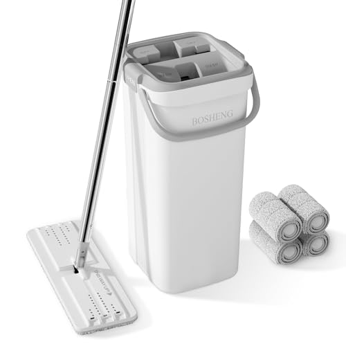 BOSHENG Wischmopp und Eimer mit Auswringer-Set, flacher Bodenwischer und Eimer, mit langem Griff und 4 wiederverwendbaren Mikrofaser-Pads, Nass- und Trockengebrauch für Haushaltsreinigung und