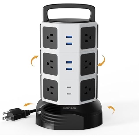 Power Strip Tower Surge Protector, JACKYLED 12 Outlets 6 USB (2 USB C) Charging Station, Extension Cord with Multiple Outlets, 1050J 1625W/13A Outlet Extender 6.5ft Extension Cord for Home Office Cover