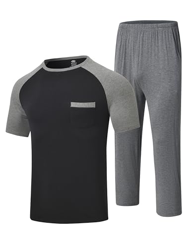 MoFiz Mens Pajama Set Pjs Sleepwear Nightwear Lightweight Quick Dry Soft Short Sleeve Summer Pjs Sleep Set With Pocket
