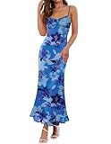 ZESICA Womens Summer Floral Spaghetti Straps Maxi Dress 2025 Sleeveless Square Neck Bodycon Beach Boho Long Dresses,Blue,Medium