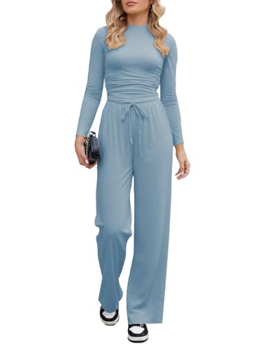 Nimsruc Womens 2 Piece Lounge Sets 2025 Ruched Long Sleeve Tops Wide Leg Pant Sets Tracksuit Autumn And Winter