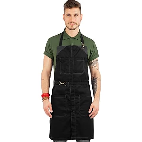 Under NY Sky No-Tie Opaque Black Apron - Durable Twill, Leather Reinforcement and Split-Leg - Adjustable for Men and Women - Pro Barber, Tattoo, Barista, Bartender, Baker, Hair Stylist, Server Apron Cover