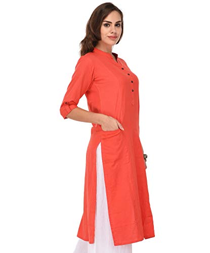 Image of Pistaa's Women's Cotton Relaxed Fit Straight Solid Kurta With Two Patch Pockets