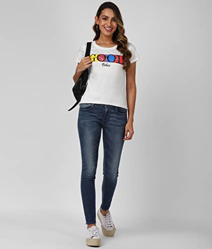 Image of UrbanMark Women 100% Cotton Round Neck Text Printed Half Sleeves T-Shirt - White