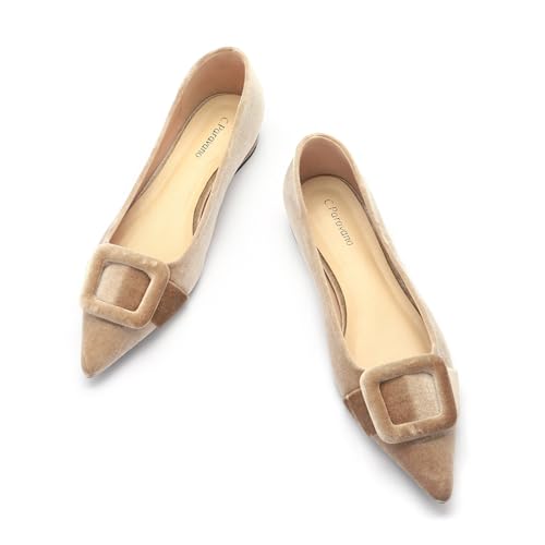 C.Paravano Women's Pointed Toe Flats | Velvet Slip-On Ballet Flats | Comfortable Work & Daily Wear Shoes (Camel,Size 8)