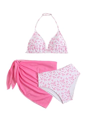 Image of Milumia Girl's 3 Piece Bikni Set Ditsy Floral Halter Swimsuit with Cover Up Skirts