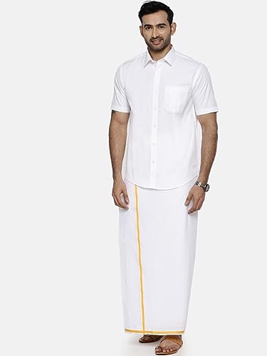 Image of RAMRAJ COTTON Mens Solid Regular Fit Half Sleeve Ethnic White Cotton Shirt