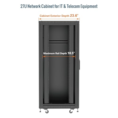 Image of Tecmojo Network Rack Cabinet,27U Server Rack,23.6 Inch Depth,Hold Up to 1800Lbs,Lockable Cabinet with Casters and Complete Accessories,Clear Door,for Home,Office,Small Business (27U 23.6 inch w*23.6 inch d)