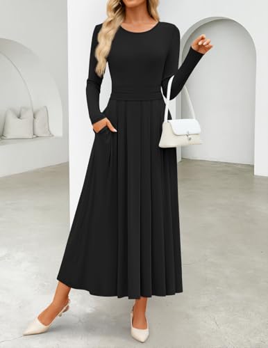 ZESICA Women's Elegant Long Sleeve Maxi Dress 2025 Fall Crewneck Knit High Wasit Pleated Flowy A Line Casual Party Dresses2
