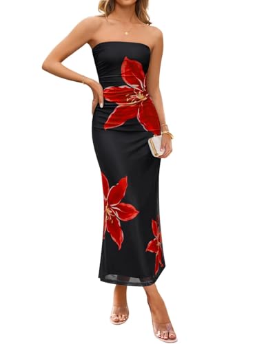ZESICA Womens Boho Floral Strapless Maxi Dress 2025 Summer Off Shoulder Bodycon Beach Party Long Dresses2