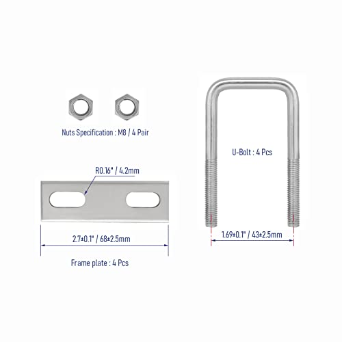 Image of 4 Sets 304 Stainless Steel Square U-Bolts 1-3 /8 inch(35mm) Inner Width, 3.35 inch(85mm) Length Stainless M8 with Nuts, Frame Plate, Accessories for Automobiles Trailer, Boat Trailer Industrial Parts