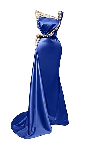One Shoulder Prom Dress Sleeveless Mermaid Cocktail Dresses with Train for Women Long Satin Simple Dress DR0342
