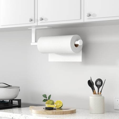 Paper Towel Holder Under Cabinet - Stainless Steel Paper Towel Holder Wall Mount, Self-Adhesive or Drilling, Matte White Towel Rack for Kitchen Organization and Storage, Kitchen Paper Roll Holder