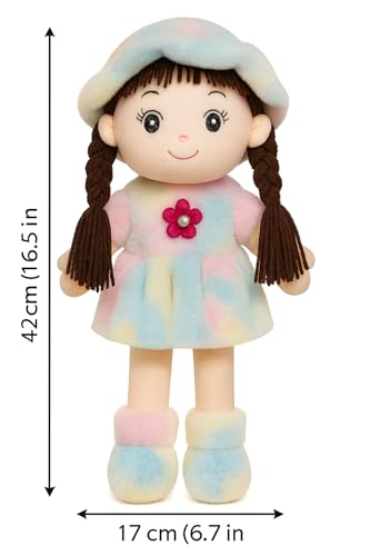Image of Rainbow Cutie Soft Hat Doll - 42 cm Plush Toy for Kids | Multicolor Dress, Braided Hair & Flower Brooch for Girls & Boys